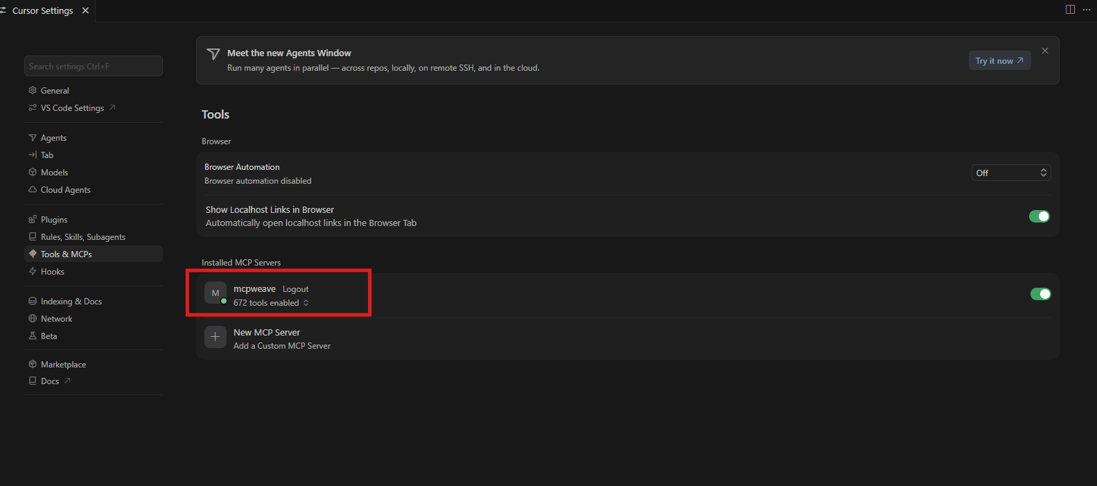 Cursor bldinit 연결 완료 — tools enabled